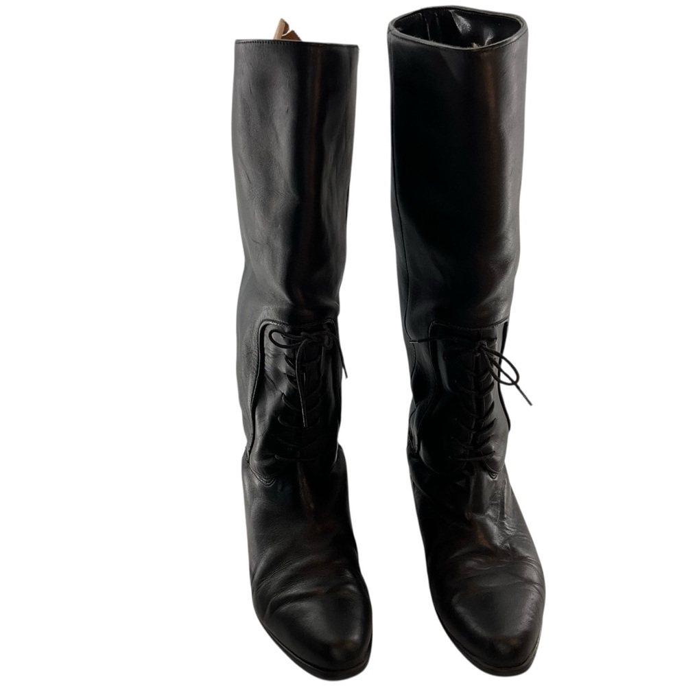 vtg SAVIDA sz 7 Leather Knee High Boots Tie Front Flat Heel Slip On Black - Picture 2 of 8